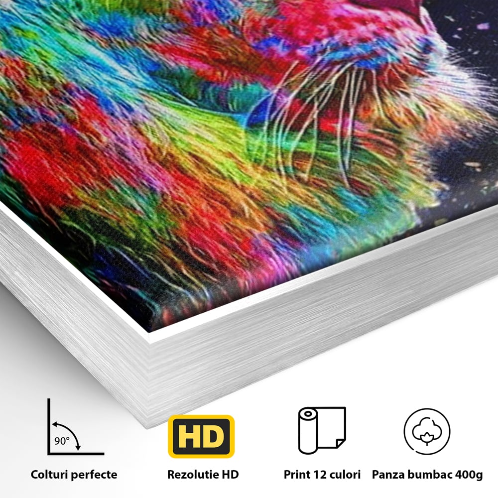 Detaliu al suprafetei: tablou canvas cu profil de leu multicolor, in rama de aluminiu argintiu